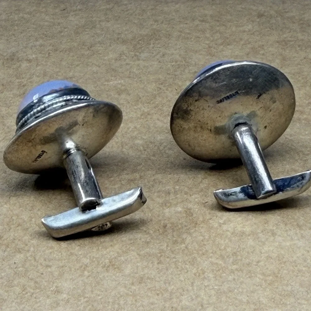 Vintage Sterling Silver Cufflinks Dragon's Breath Glass Cabochon Openwork